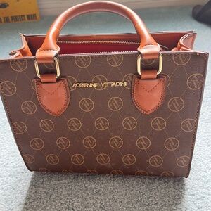 Adrienne Vittadini Logo Patterned Tote in Brown and Tan